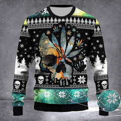 Skull Weed Leaf Ugly Christmas Sweater Mens Xmas Sweater Christmas Gift For Brothers - Zadago