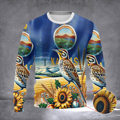 Kansas Sunflower Meadowlark Bird Ugly Christmas Sweater Kansas Themed Xmas Gifts - Zadago