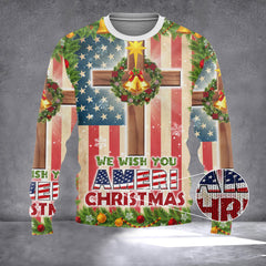We Wish You Ameri Christmas Sweater Christian Cross American Flag Sweater Gifts For Christmas - Zadago