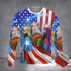 Three Kings Puerto Rico Nativity Of Jesus Ugly Christmas Sweater USA Flag Puerto Rican Gift - Zadago
