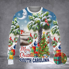 South Carolina Merry Christmas Ugly Xmas Sweater Palm Tree Cardinal Holiday Xmas Crewneck - Zadago