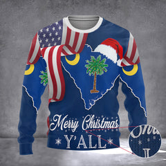 South Carolina Merry Christmas Y'all Ugly Xmas Sweater Palm Tree Holiday Xmas Crewneck - Zadago