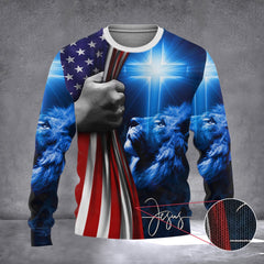 Jesus Christ Cross Lion Sweater American Flag Jesus Is My Savior Christian Clothing Gift - Zadago
