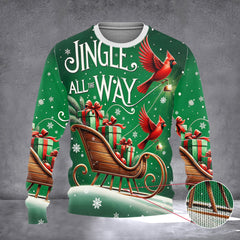 Jingle All The Way Christmas Sweater Wooden Sleigh Cardinal Xmas Sweater Gifts For Him - Zadago