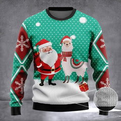 Santa Claus And Llama Ugly Christmas Sweater Xmas Llama Holiday Sweater Women's Men's - Zadago