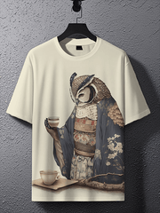 Kimono Owl Drinking Tea Japanese Art Print T-Shirt Gifts For Owl Lovers - Zadago