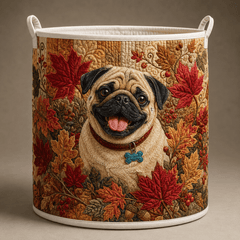 Happy Pug Autumn Maple Quilted Laundry Basket Cute Dog Storage Bin Pet Lover Gift For Her