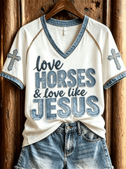Love Horses And Love Like Jesus V-Neck Shirt Christian Horse Lover Shirt Fan Gift