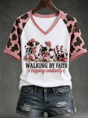 Walking By Faith Tripping Constantly V-Neck Shirt Cute Fluffy Cows Shirt Best Gifts For Her