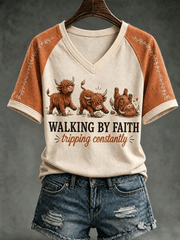 Walking By Faith Tripping Constantly V-Neck Shirt Highland Cow Tee Funny Gifts For Fans