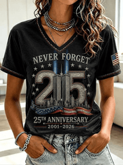 Never Forget 911 25th Anniversary V-Neck Shirt Twin Towers Merch Gift For Mom