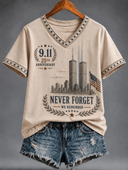 911 Never Forget V-Neck Shirt Twin Towers Silhouette Patriotic Shirt Unique Gifts For Fans