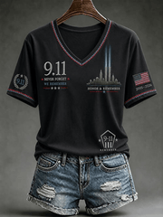 Never Forget 911 25th Anniversary V-Neck Shirt Twin Towers Merch Gift Ideas For Mom