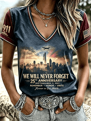 We Will Never Forget 911 25th Anniversary V-Neck Shirt Twin Towers Apparel Gift For Patriots