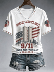 911 Courage Sacrifice Unity V-Neck Shirt Twin Towers Silhouette Patriotic Merch Fan Gift