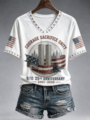 911 Courage Sacrifice Unity V-Neck Shirt Twin Towers Silhouette Patriotic Merch Present