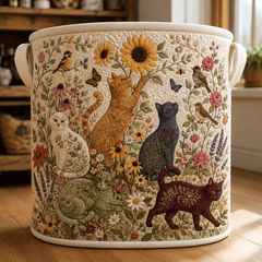 Floral Cat Quilted Laundry Basket Sunflower Cat Kitten Clothes Hamper Cute Housewarming Gifts