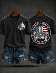 911 25th Anniversary Never Forget V-Neck Shirt 911 Tribute Apparel Memorial Clothing