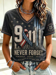 911 25th Anniversary Never Forget V-Neck Shirt 911 Memorial Tee Patriotic Gift For Her