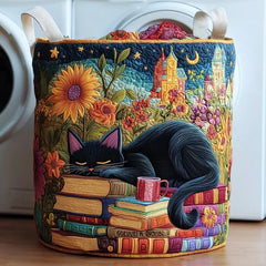 Black Cat Sunflower Garden Quilted Laundry Basket Summer Floral Storage Bin Gift For Her