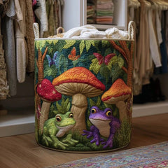 Mystical Mushroom Fairy Quilted Laundry Basket Fantasy Frog Lover Storage Bin Gift For Bedroom