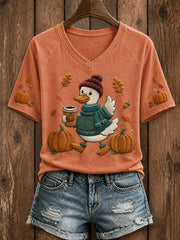 Cute Duck Drinking Coffee Autumn V-Neck Shirt Autumn Halloween Tee Apparel For Spooky Lover