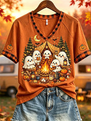 Cute Ghosts Camping V-Neck Shirt Halloween Camping Merch Halloween Gifts For Mom