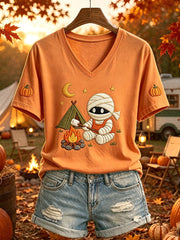 Cute Mummy Camping Campfire V-Neck Shirt Halloween Camping Merch Cute Present