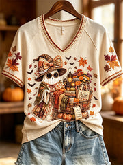 Cute Ghost With Shopping Cart Autumn V-Neck Shirt Autumn Halloween Shirt Gifts Ideas