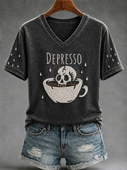 Depresso Skeleton Coffee Cup V-Neck Shirt Coffee Skull Tee Apparel For Outfit Lovers