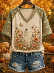 Floral Tropical Ghost Halloween V-Neck Shirt Halloween Autumn Shirt Cute Halloween Apparel