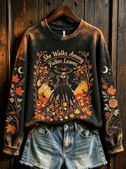 She Walks Among Fallen Leaves Sweatshirt Halloween Merch Gift For Spooky Fans