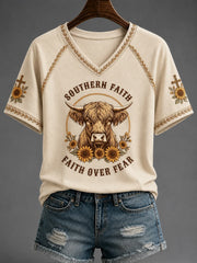 Southern Faith Faith Over Fear V-Neck Shirt Christian Sunflower Cow Shirt Christian Gifts