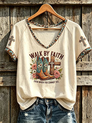 Walk By Faith Even When You Cannot See V-Neck Shirt Christian Cross Faith Clothing Wedding Gifts