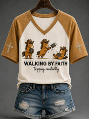 Walking By Faith Tripping Constantly V-Neck Shirt Christian Bible Horse Clothes