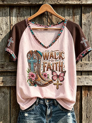 Walk By Faith V-Neck Shirt Christian Cowboy Boot Cross Butterfly Shirt USeful Gifts For Wife