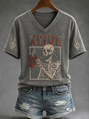 Staying Alive V-Neck Shirt Skeleton Coffee Merch Fall Apparel Gift