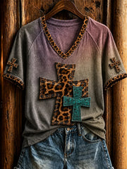 Western Christian Cross V-Neck Shirt Christian Leopard Clothes Gifts For My Wife