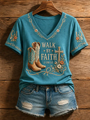 Walk By Faith V-Neck Shirt Christian Faith Boots Cross Clothes Biblical Gifts For Her