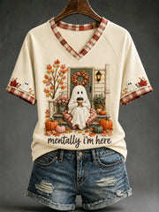 Mentally I'm Here V-Neck Shirt Autumn Halloween Merch Cute Halloween Apparel