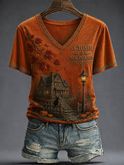 October In New England V-Neck Shirt Autumn Halloween Tee Halloween Gifts For Her
