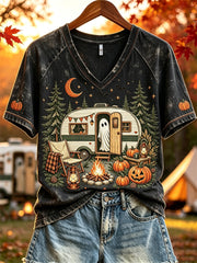 Cute Ghost Camping V-Neck Shirt Spooky Cute Camper Halloween Shirt Birthday Gifts For Her