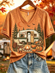 Cute Ghost Camping V-Neck Shirt Spooky Cute Camper Halloween Shirt Birthday Gifts For Her