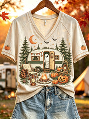 Cute Ghost Camping V-Neck Shirt Spooky Cute Camper Halloween Shirt Birthday Gifts For Her