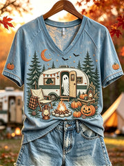 Cute Ghost Camping V-Neck Shirt Spooky Cute Camper Halloween Shirt Birthday Gifts For Her