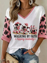Walking By Faith Tripping Constantly Cropped Sleeve V-Neck Shirt Cute Cow Merch Gift Ideas