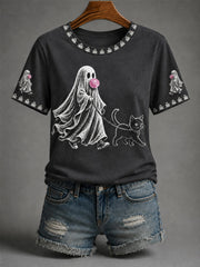 Ghost Walking A Cat T-Shirt Halloween Spooky Merch Women's Birthday Gift Ideas