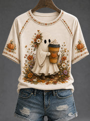 Cute Ghost With Coffee T-Shirt Autumn Halloween Shirt Halloween Apparel Gifts