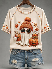 Cute Ghost With Pumpkin Spice T-Shirt Halloween Autumn Shirt Cool Apparel Gift