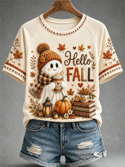 Hello Fall Autumn Leaves Pumpkin T-Shirt Autumn Halloween Merch Halloween Clothes For Her